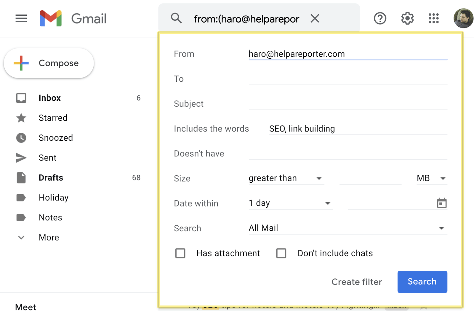 Various filters on Gmail 