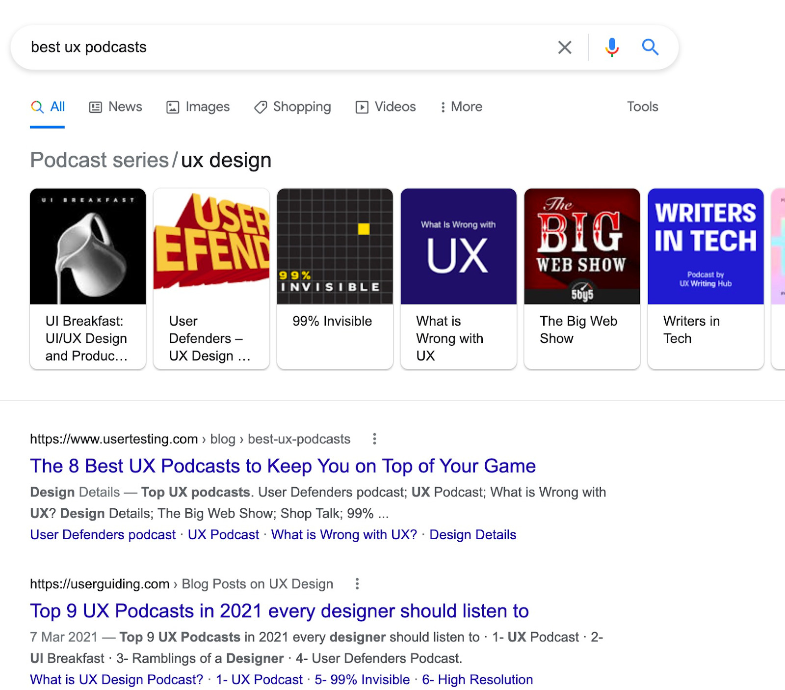 Google search results of "best ux products"