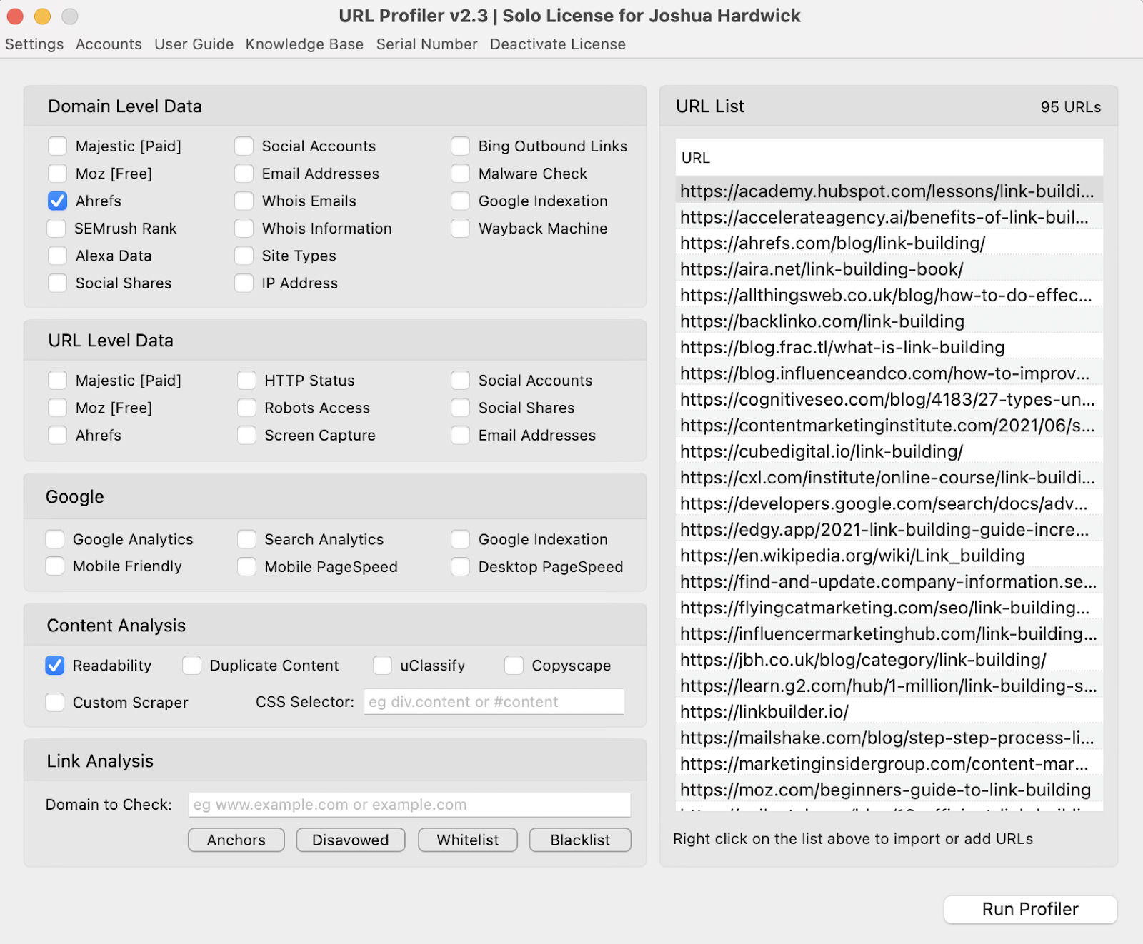 URL Profiler menu options with box to paste URLs