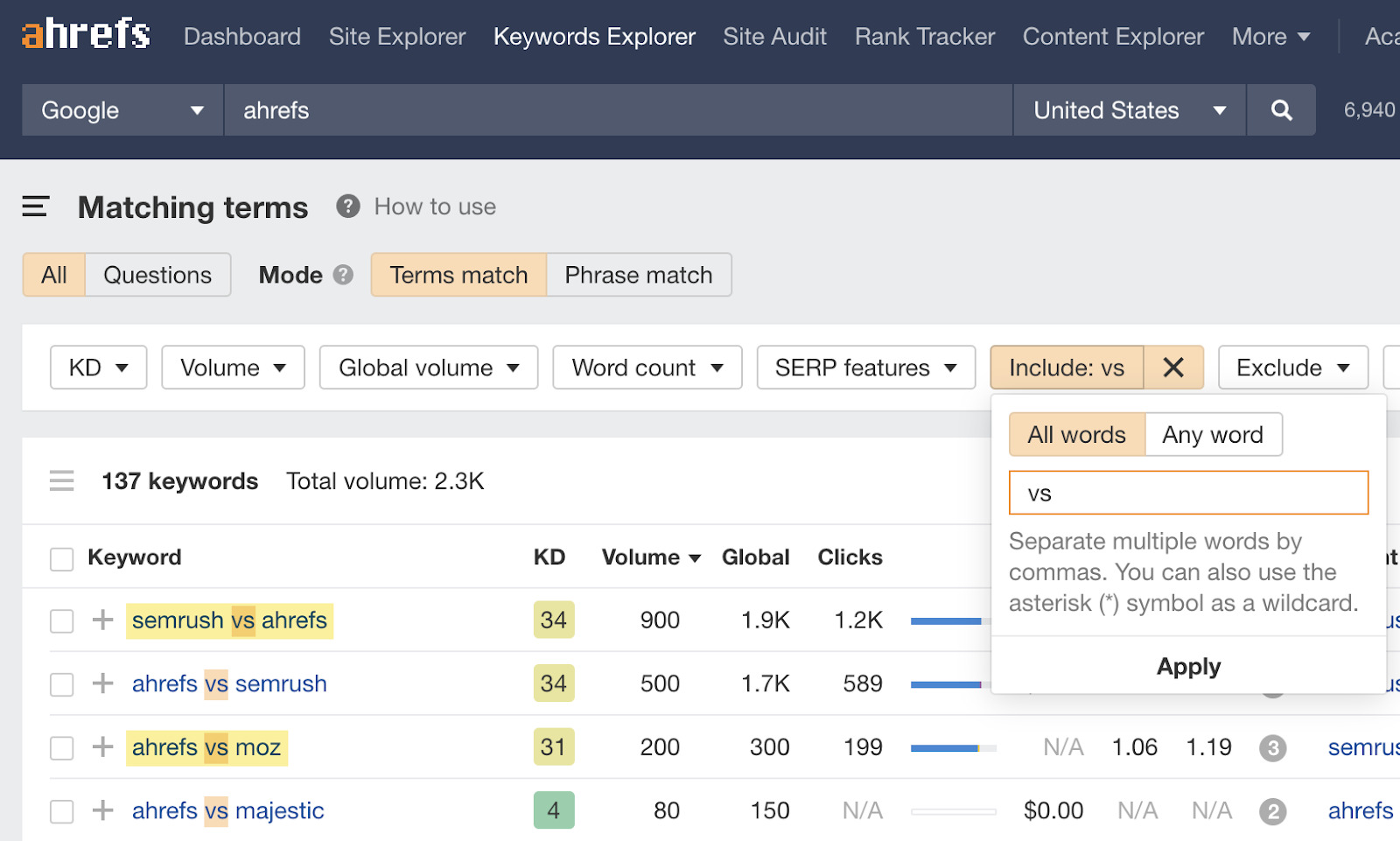 'Vs' keyword ideas in Ahrefs