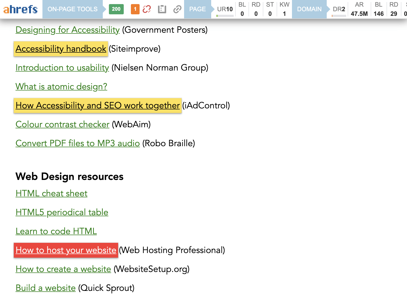 Highlighted internal and dead links on resource page using Ahrefs' SEO Toolbar