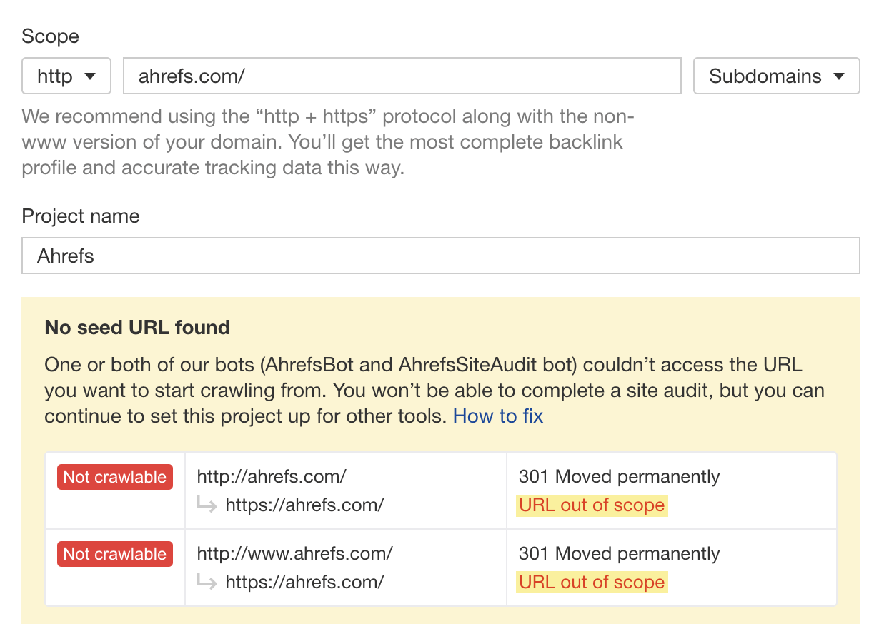 Checking for redirects in Ahrefs' Site Audit