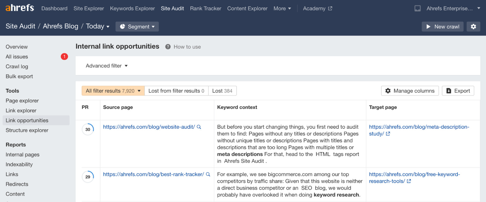 Links opportunities report results for the Ahrefs blog seo analytics