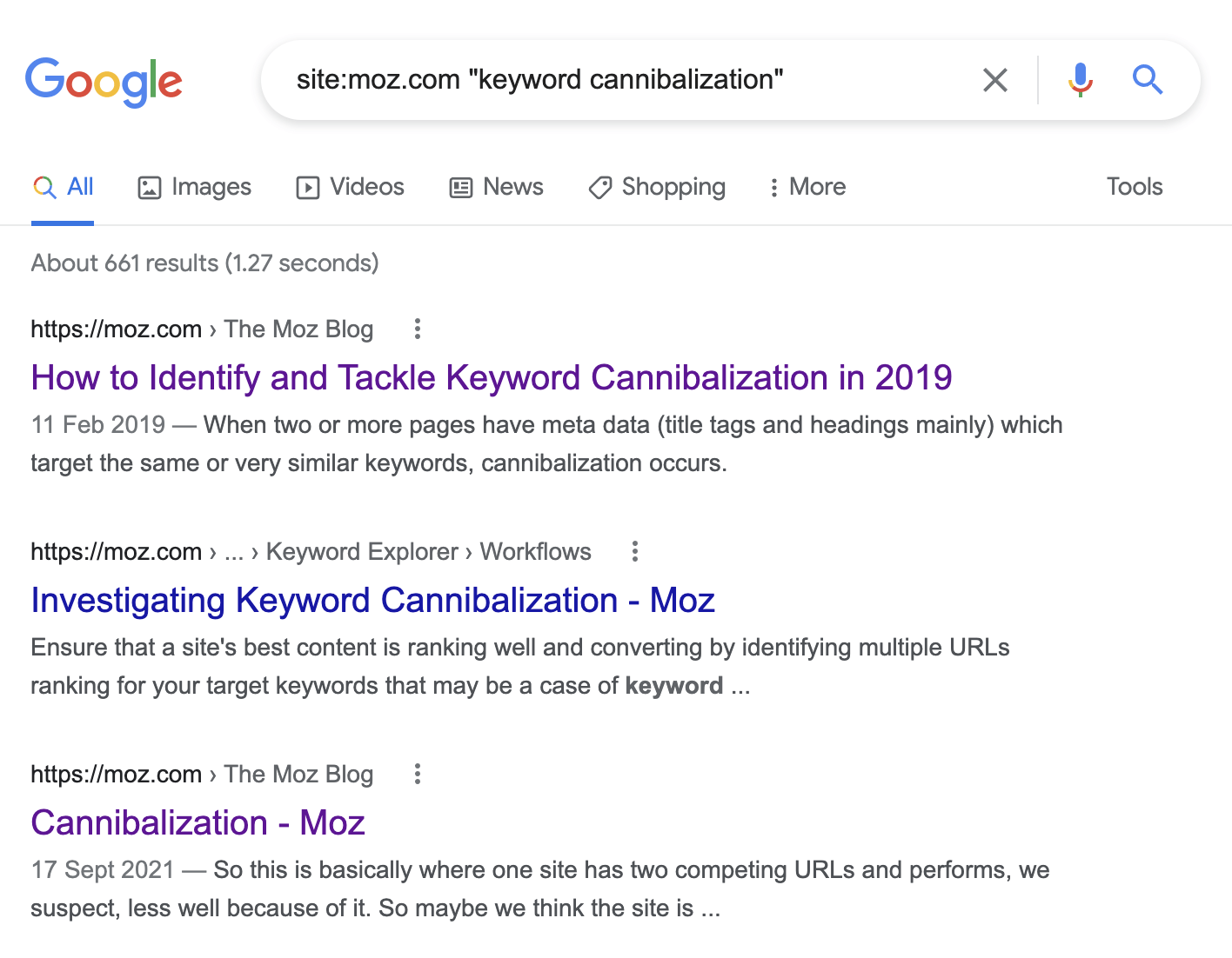 Finding keyword cannibalization issues with a Google site: search