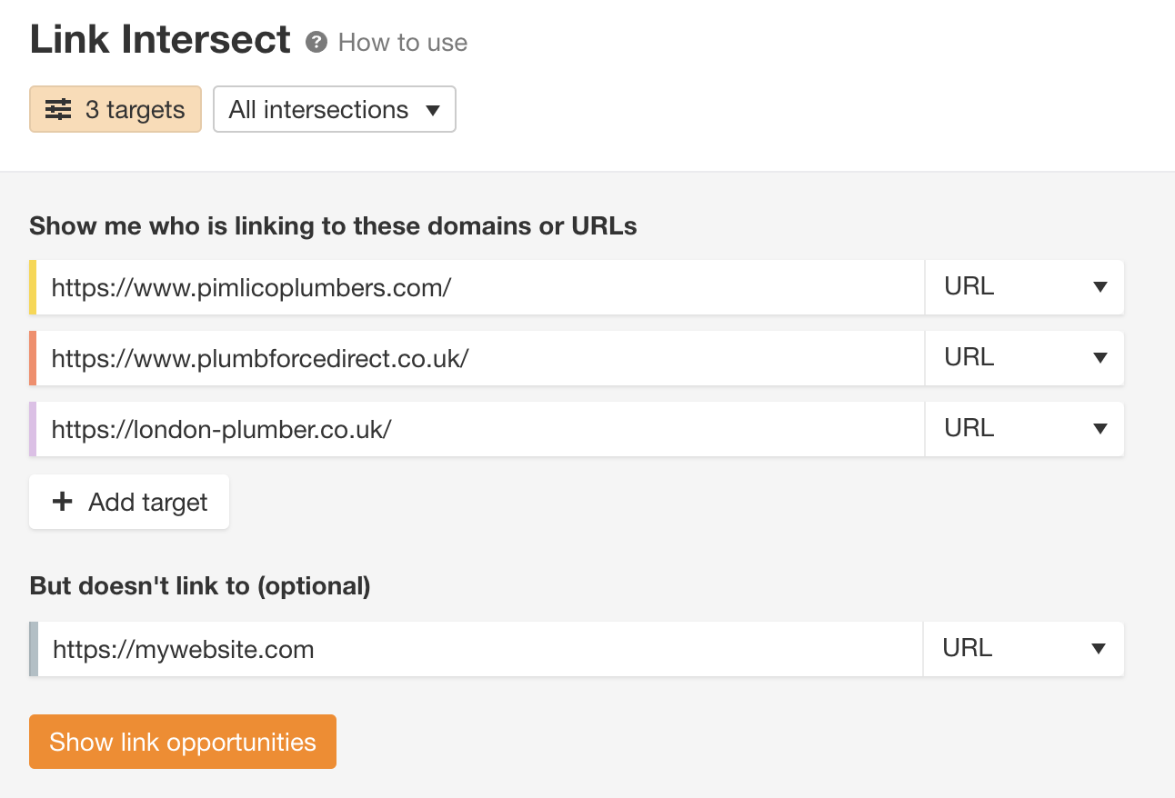 The Ahrefs Local Search Marketing Link Intersect Tool
