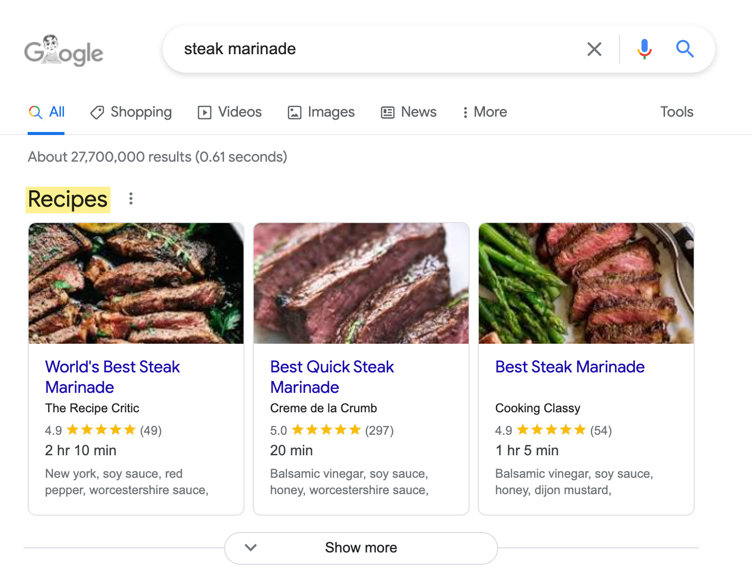 Google search results for "steak marinade" 
