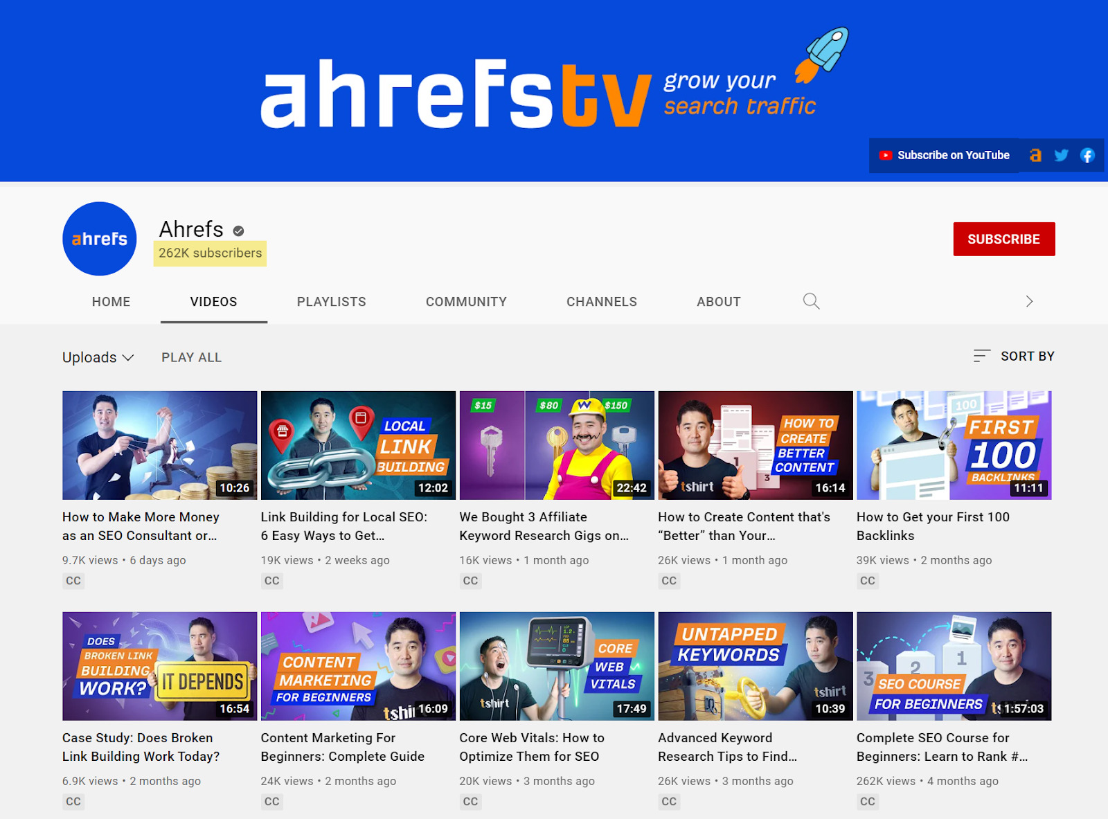 Overview of videos on Ahrefs' Youtube channel