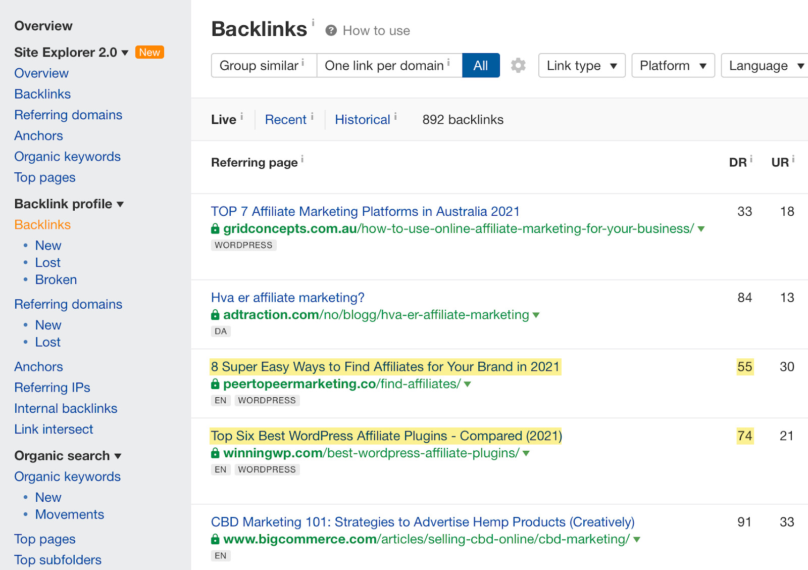 Backlinks report