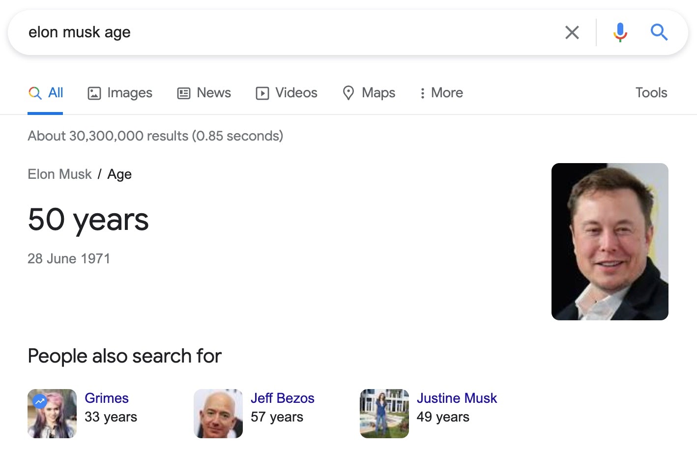 'Elon musk age' instant answer in Google search
