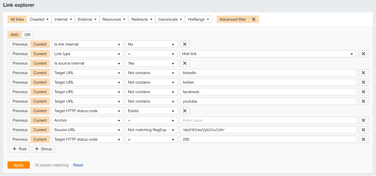 Link explorer report showing options in advanced filter seo analytics