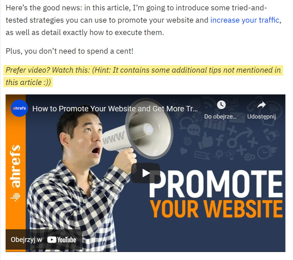 An Ahrefs video strategically embedded in a blog post