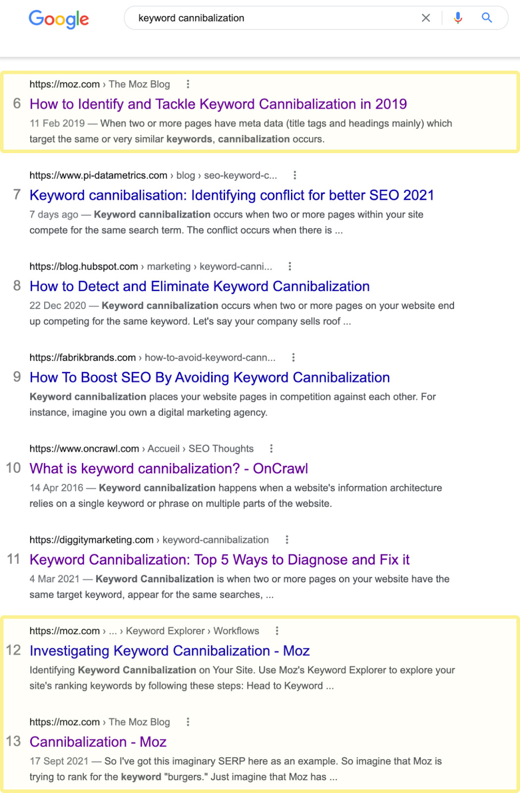 Unfiltered Google results for 'keyword cannibalization' 