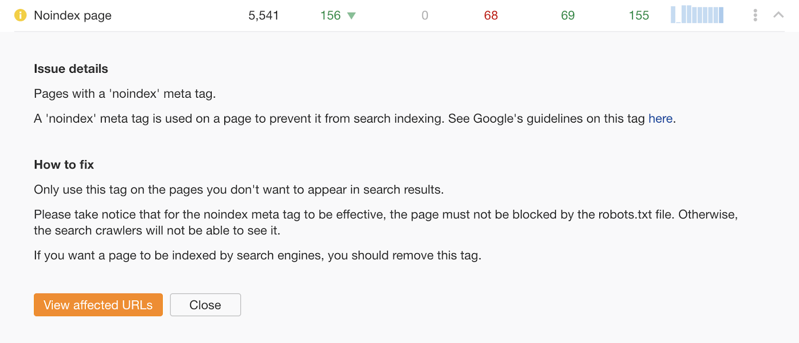 seo for startups Page showing "Noindex" meta tag issue and explanation of how to fix it