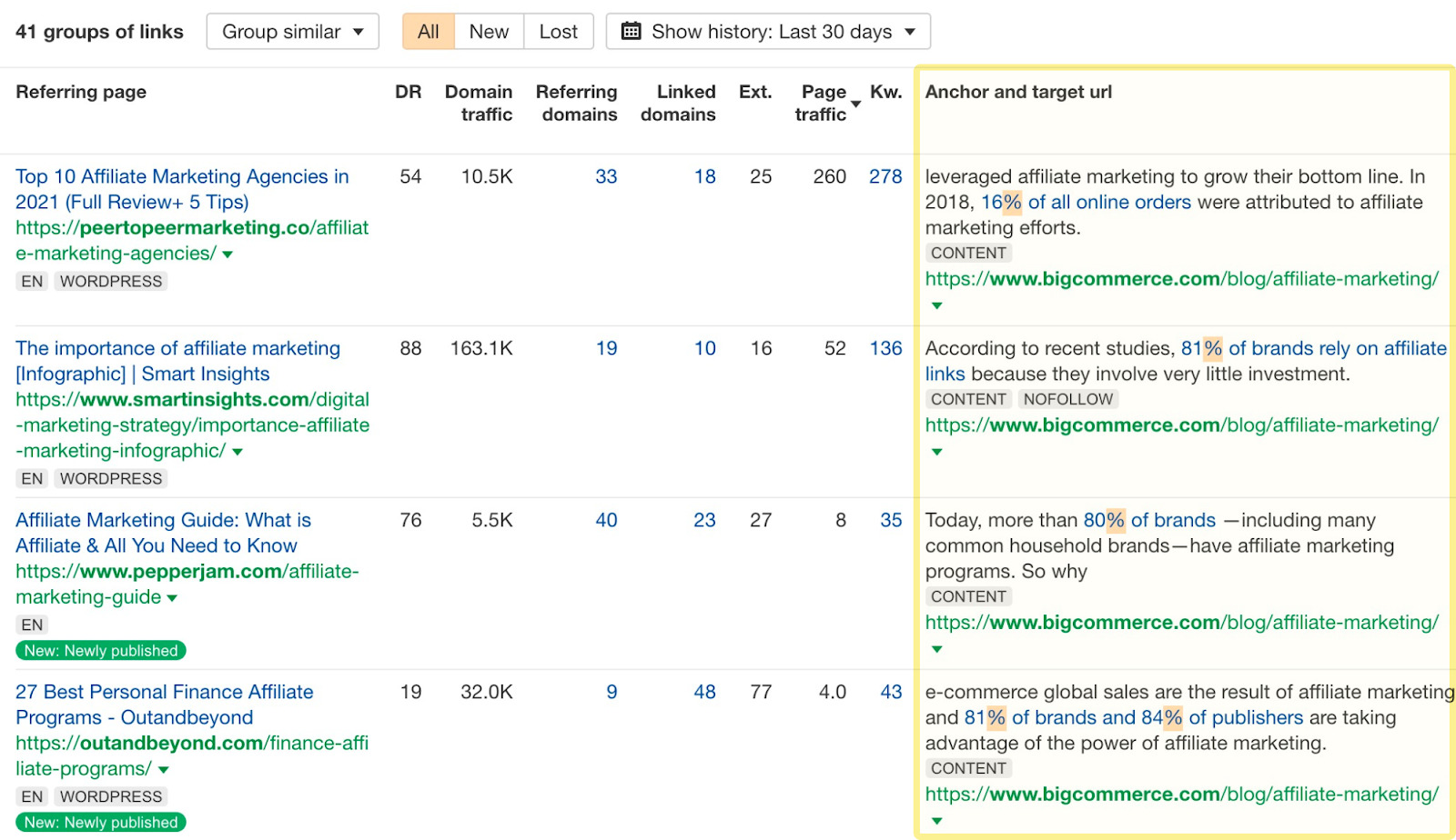 In "backlinks," Big Commerce's website appears a lot under "anchor and target URL" section