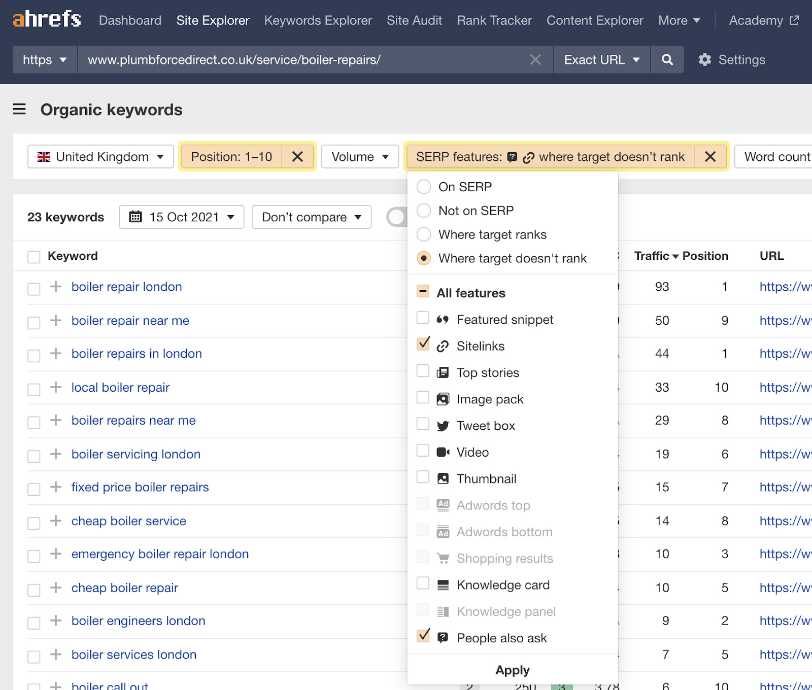 Filtering for keywords in Site Explorer