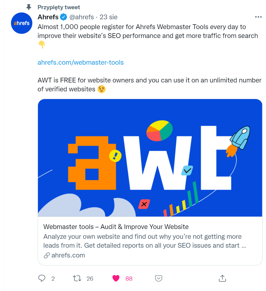 Pinned tweet about Ahrefs Webmaster Tools