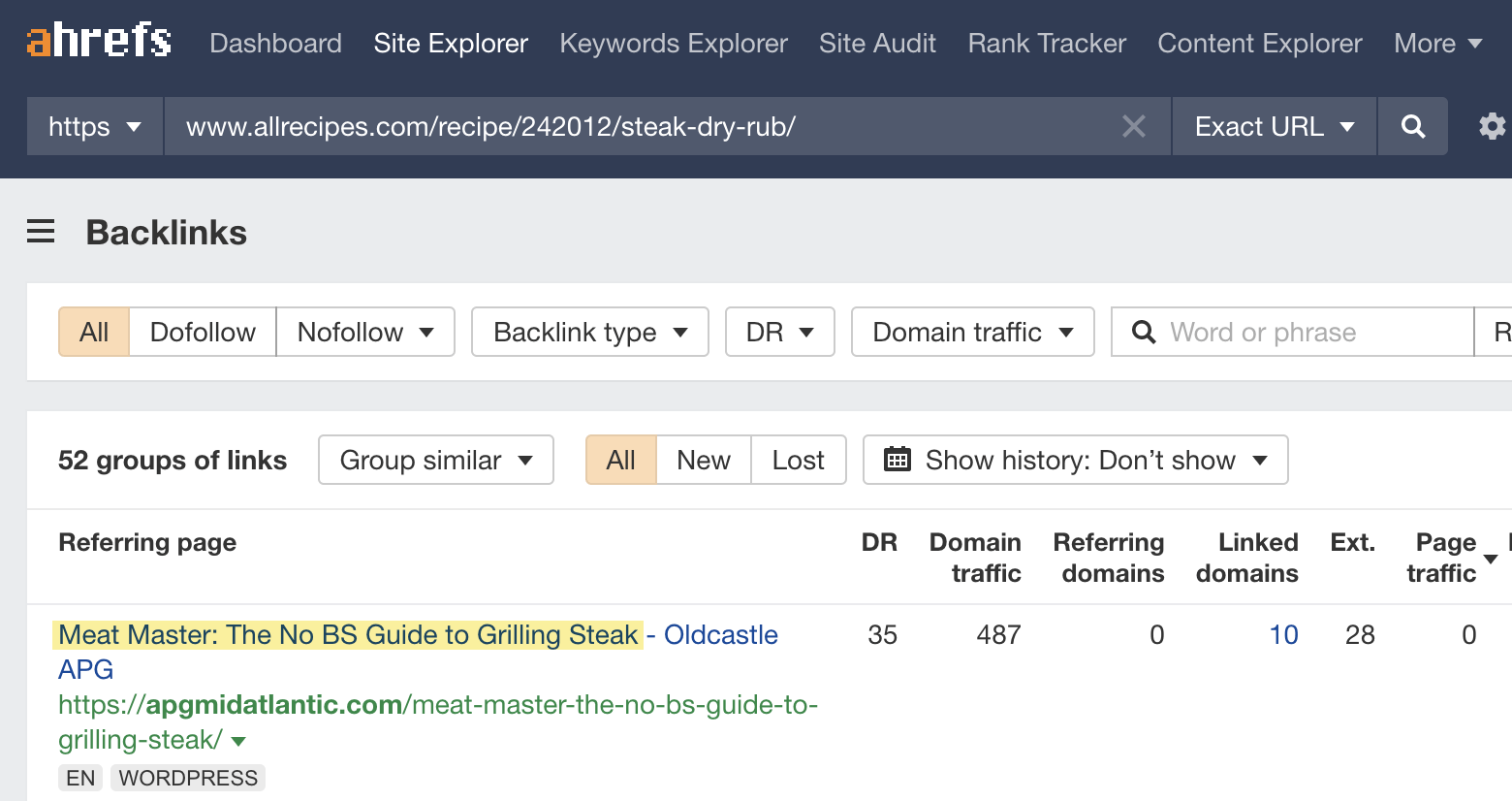 Backlink in Site Explorer