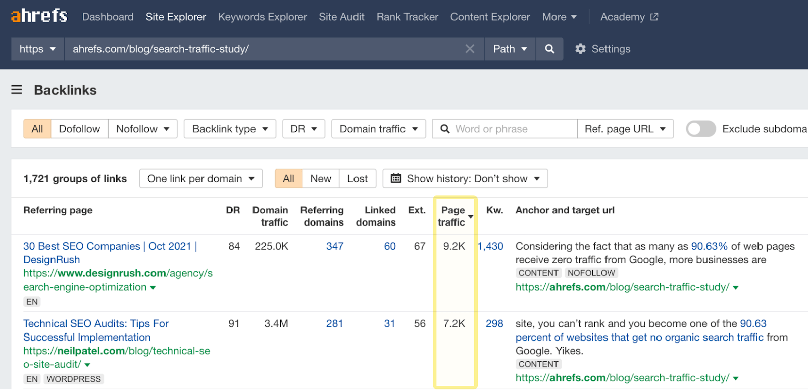 Backlinks report results for Ahrefs' search traffic study seo analytics