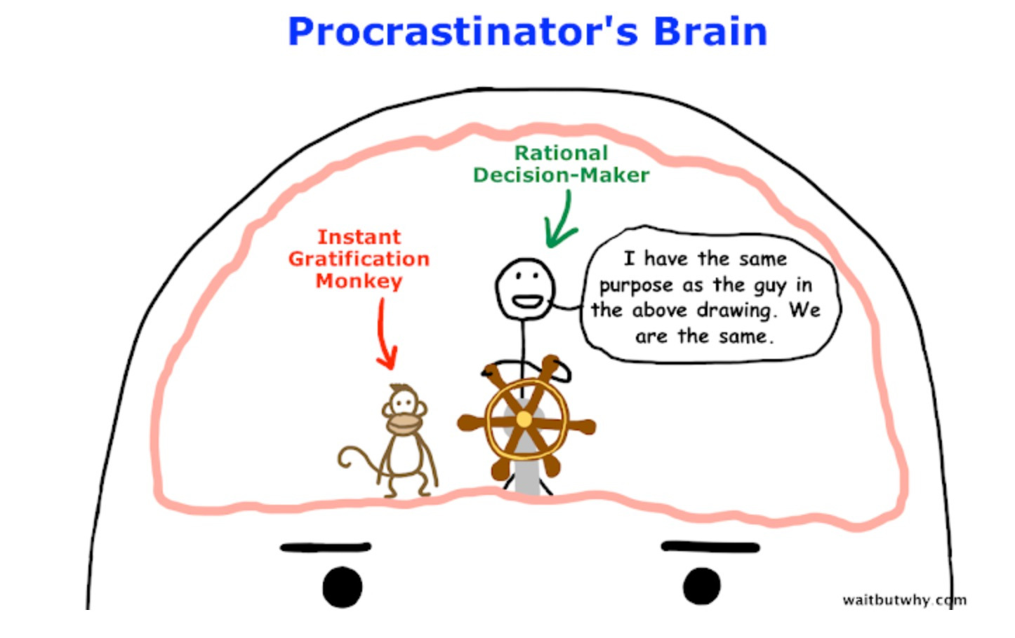 Drawing of inside of procrastinator's brain. Rational Decision-maker Man is "driving" the brain. Instant Gratification Monkey standing nearby
