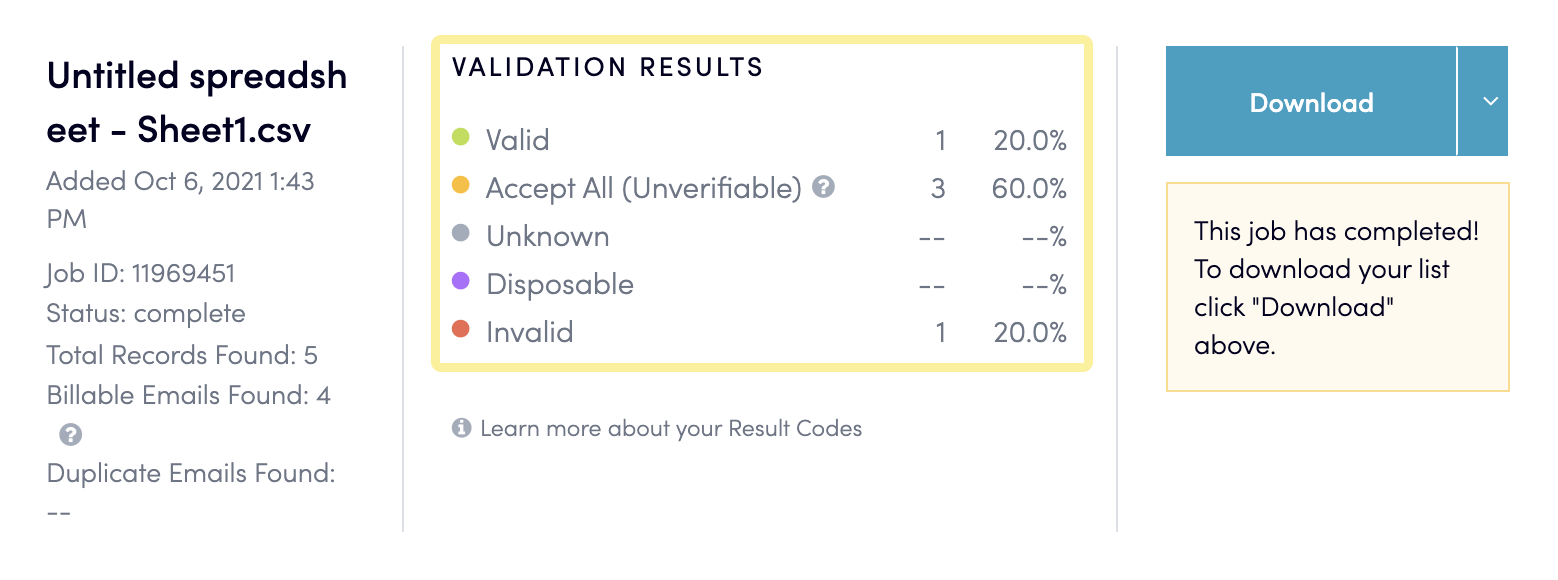 Página de NeverBounce que muestra los resultados de validación de las direcciones de correo electrónico