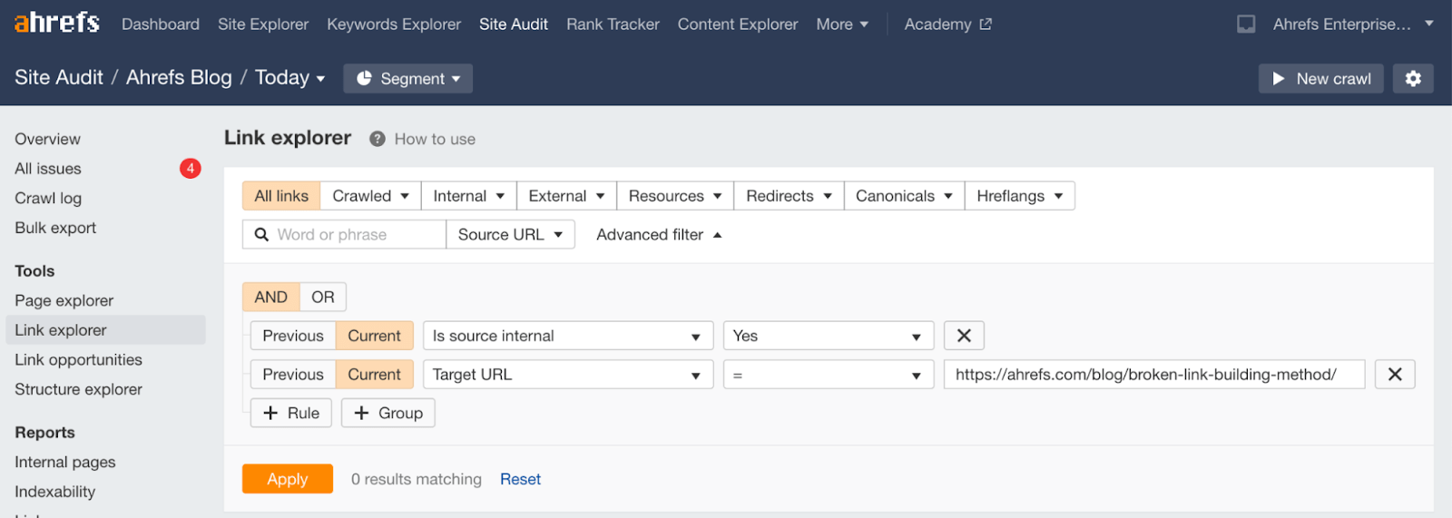 Finding internal link opportunities in Ahrefs' Site Audit
