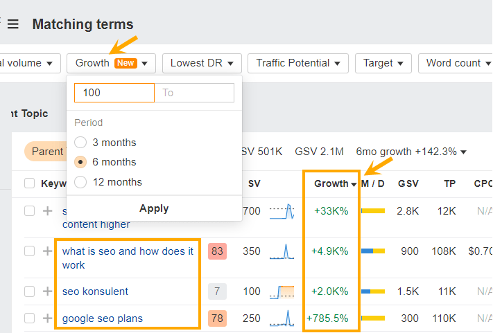 Finding growth keywords in "Matching terms" report in Ahrefs