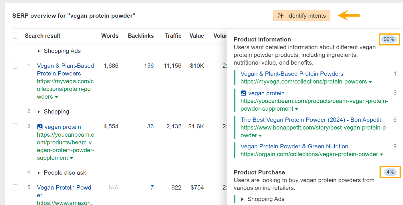 Identify Intents tool in Ahrefs, highlighting informational results for "vegan protein powder"