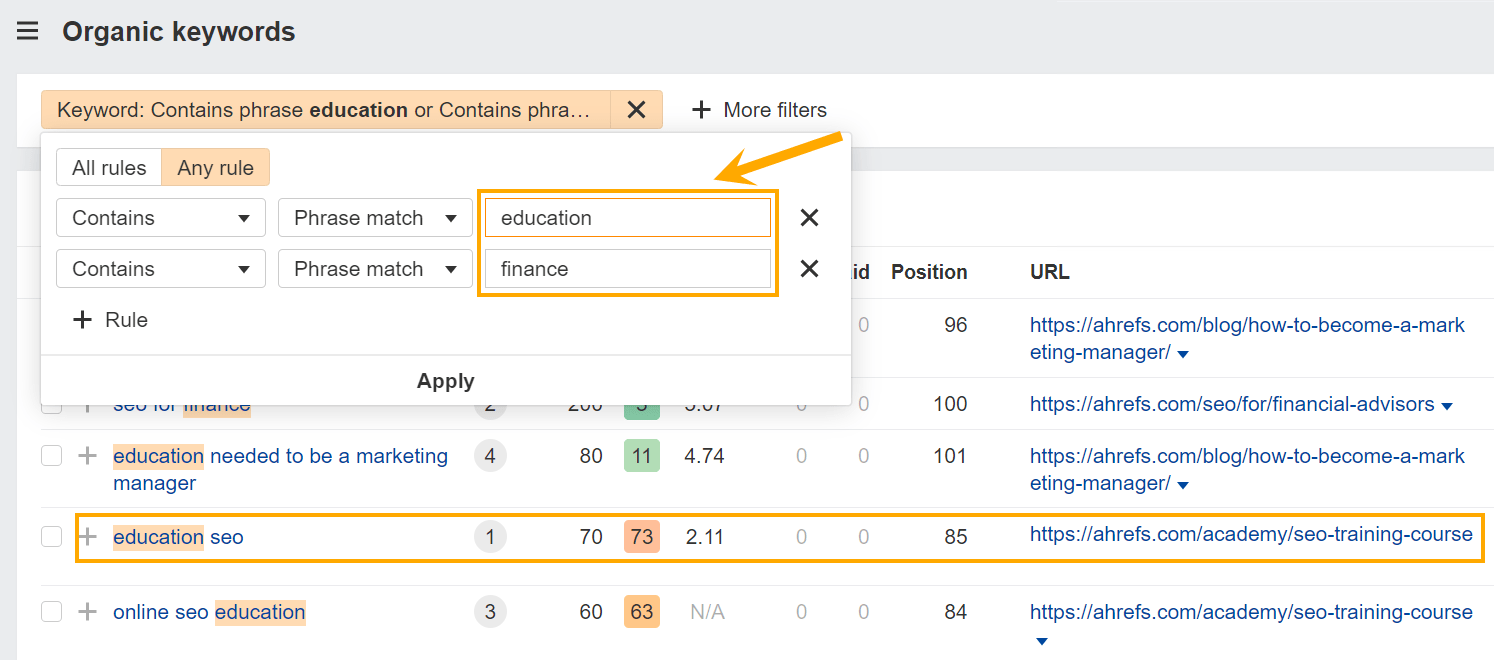 Searching industry based keyword modifiers in Organic Keywords report for ahrefs.com