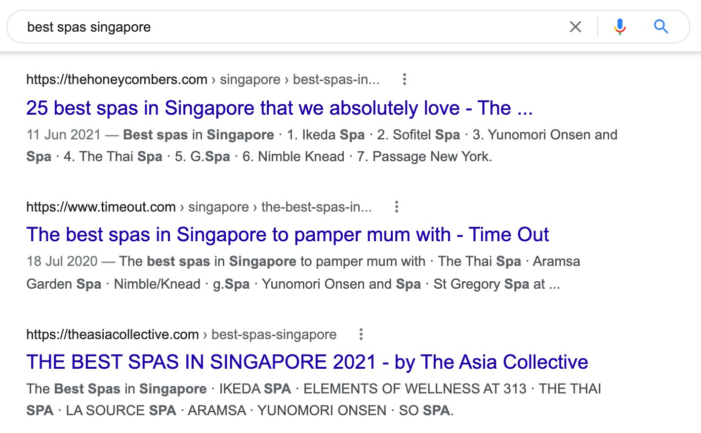 Google SERP of "best spas singapore"