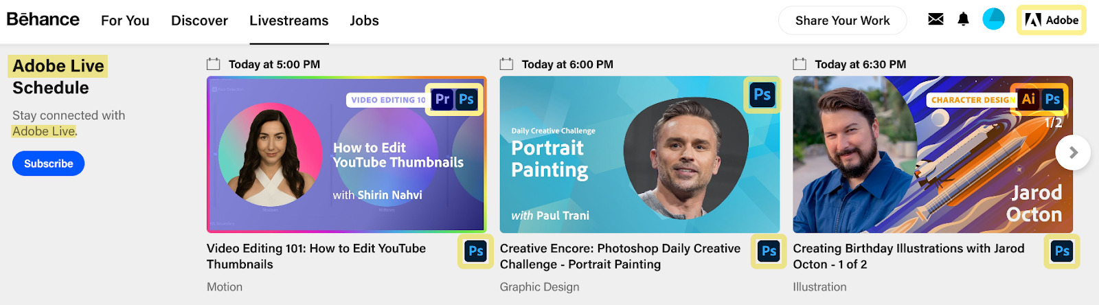 Behance platform showcasing Adobe Live's content