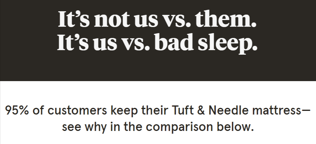 Excerpt of landing page where Tuft & Needle compares itself to competitors 