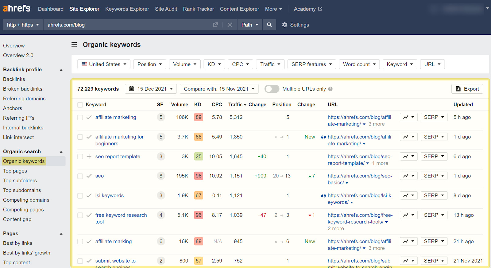 Organic keywords report results for Ahrefs' blog