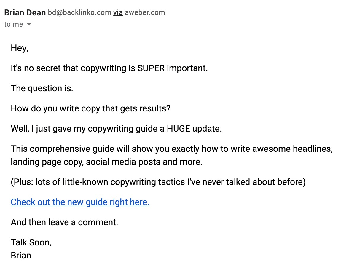 Brian's email promoting his blog post