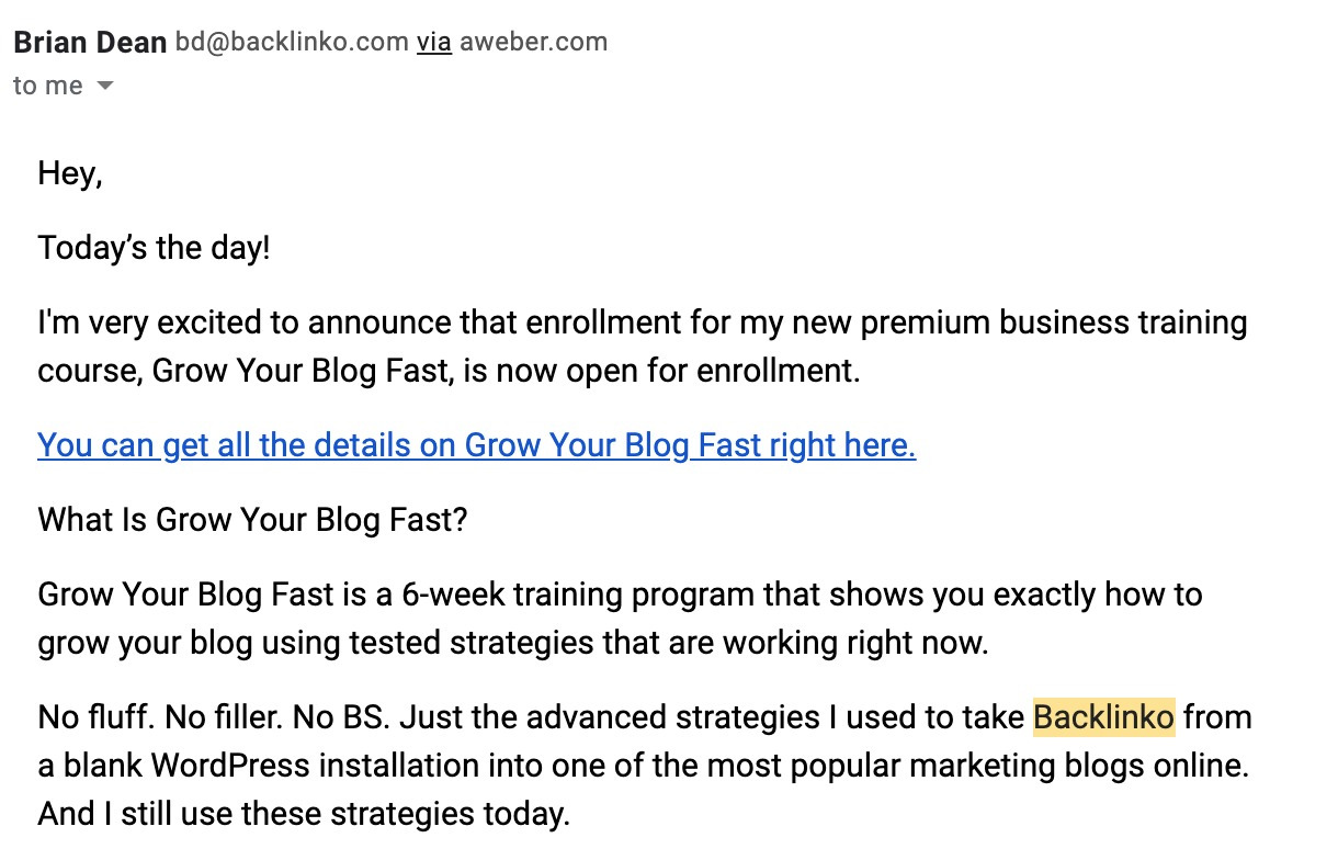 Brian's email promoting his Grow Your Blog Fast course