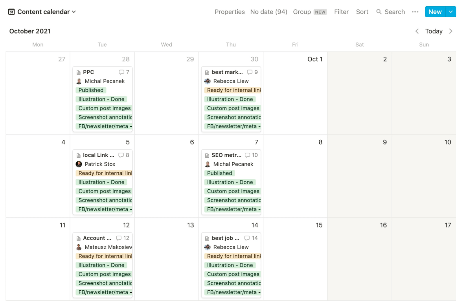 Exemplo de calendário de conteúdo do Ahrefs