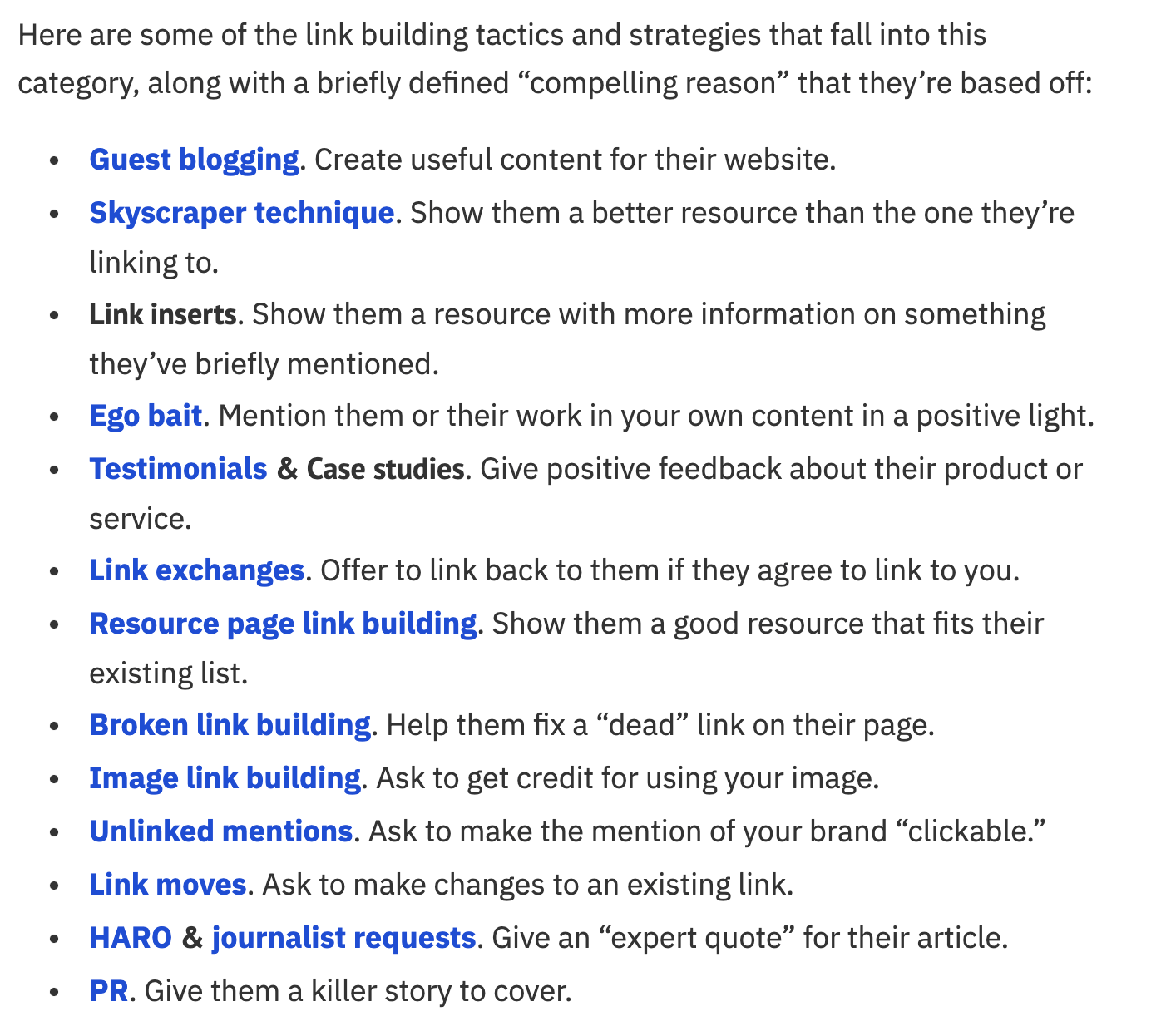 Excerpt of blog post showing list of links