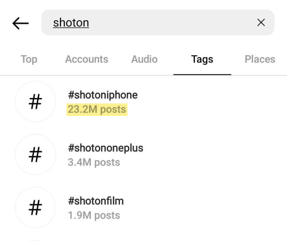 List of hashtags and no. of posts for each hashtag