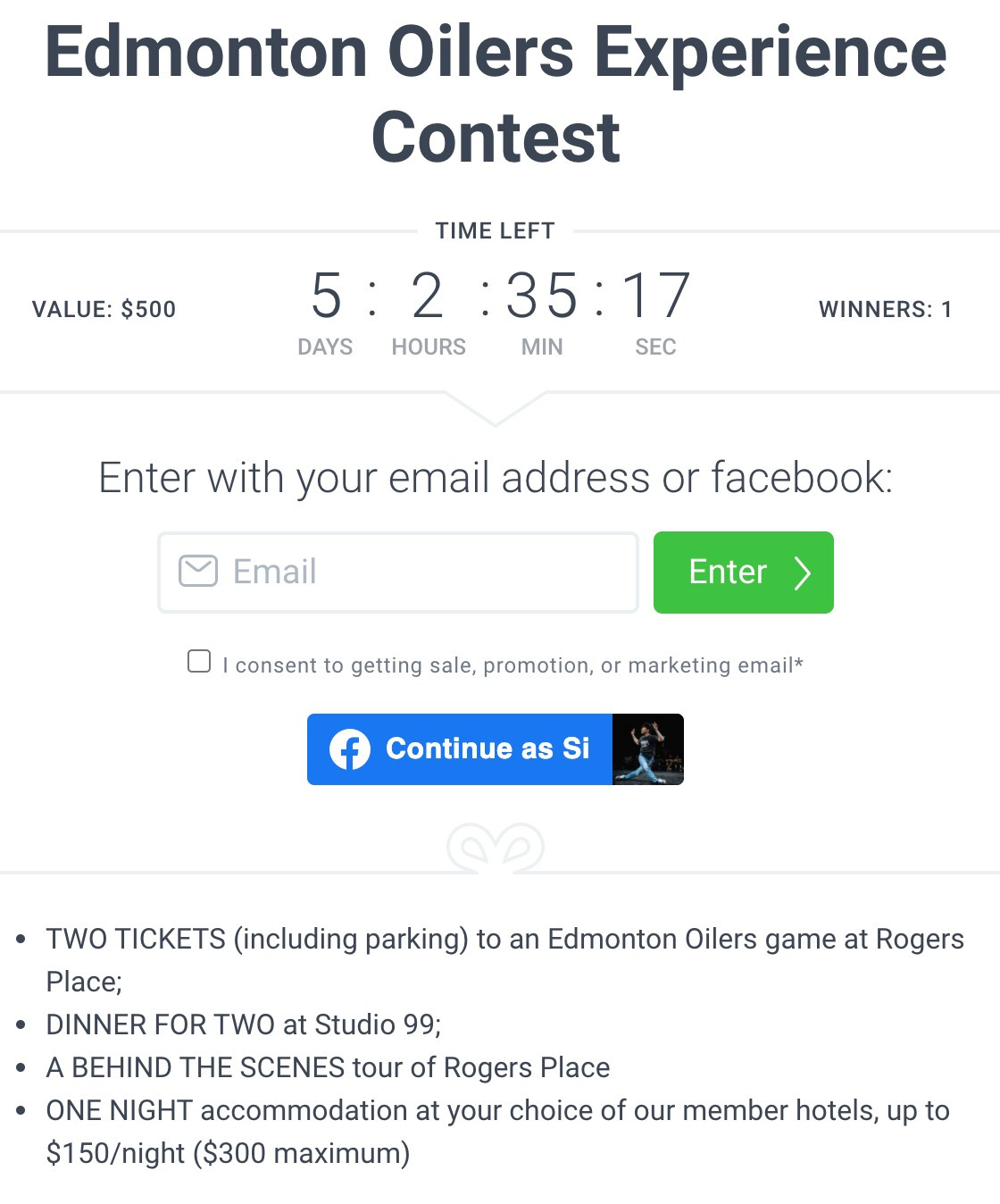 Contest page showing prize details and text field for participants to enter email address/FB details