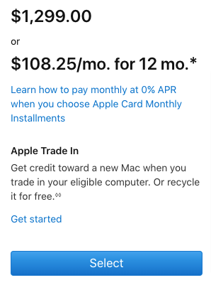 Standard price and other details for iMac