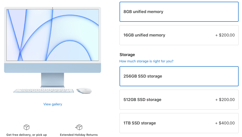 Pic of iMac with upgrade options for memory and storage next to it