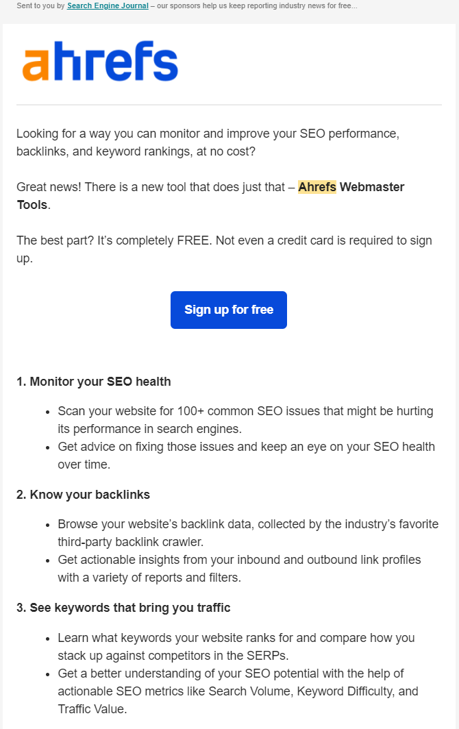 SEJ newsletter promoting Ahrefs and AWT
