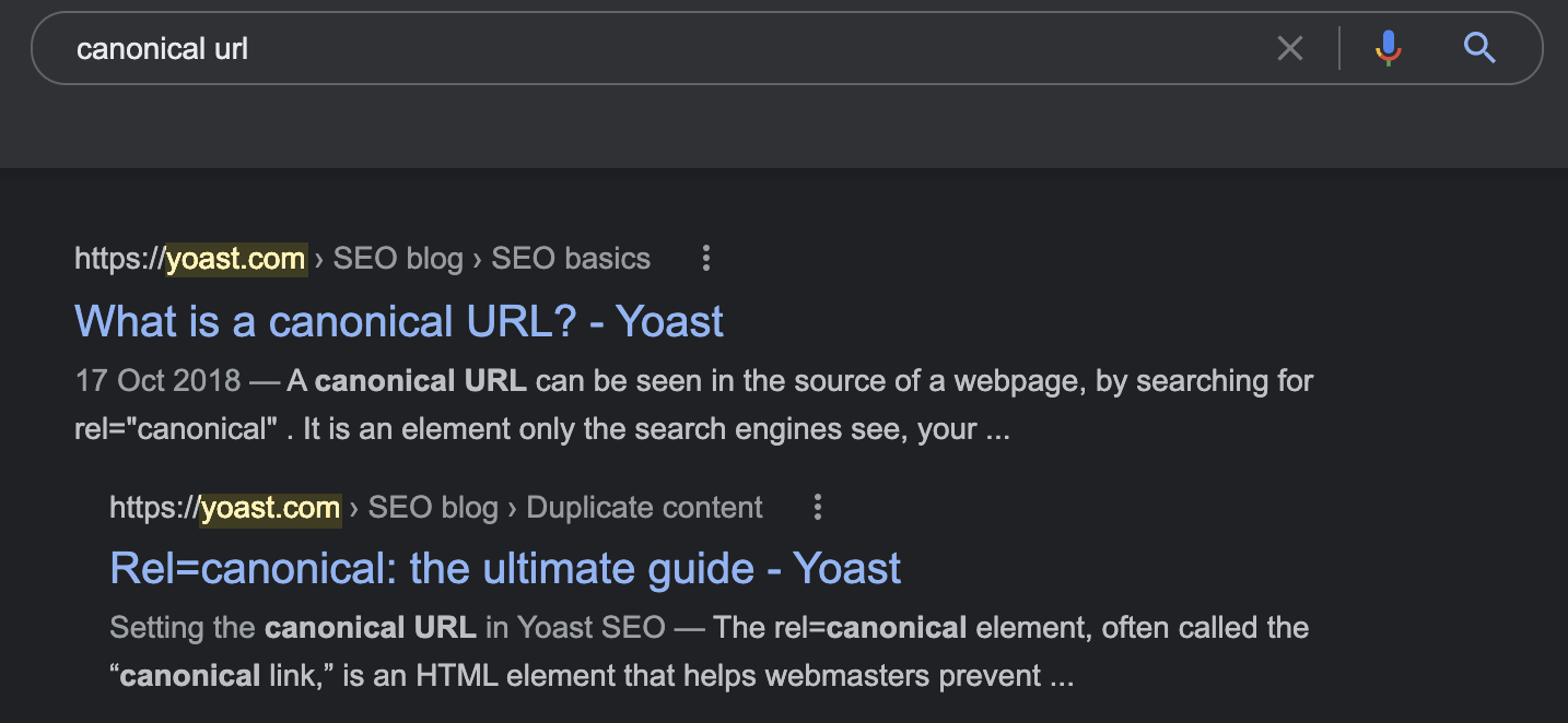 Resultado de pesquisa do Google para "url canônico" mostrando o artigo de Yoast primeiro