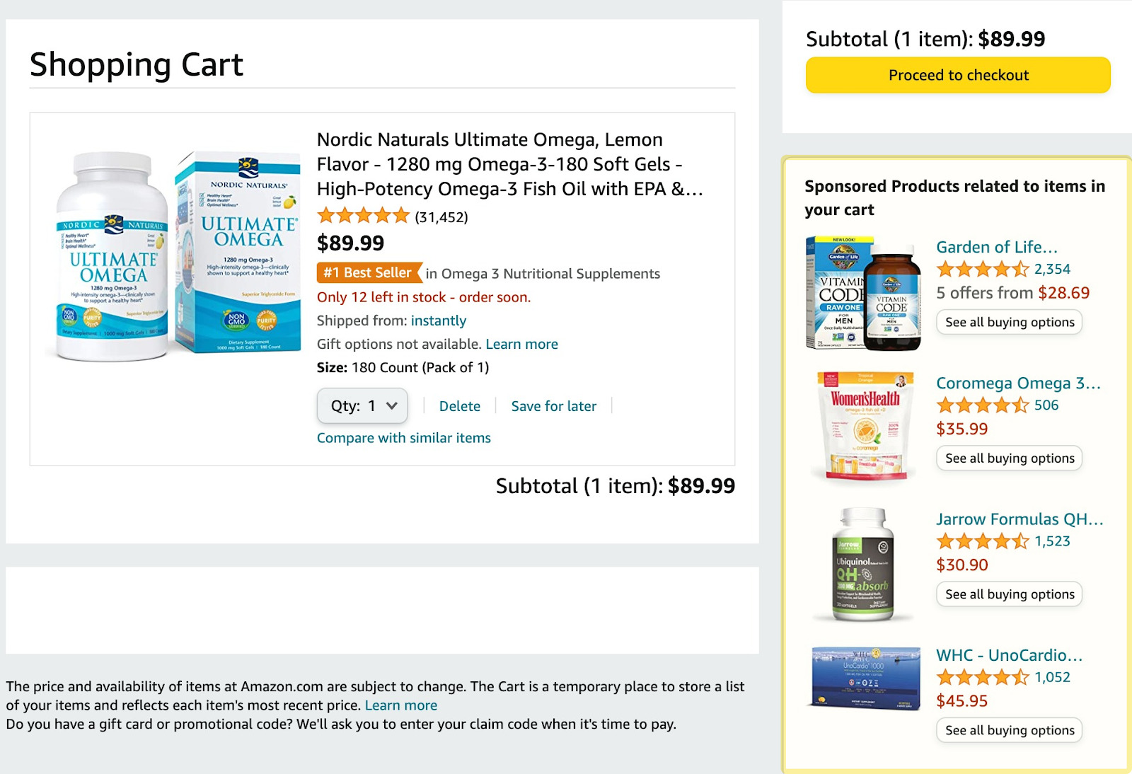 Cart page showing item added to cart. To the right, a list of sponsored products