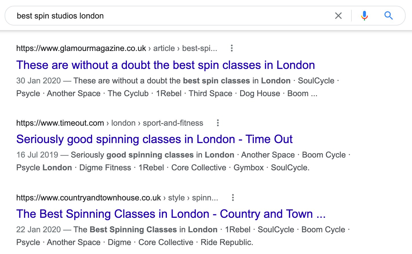 Google SERP of "best spin studios london"