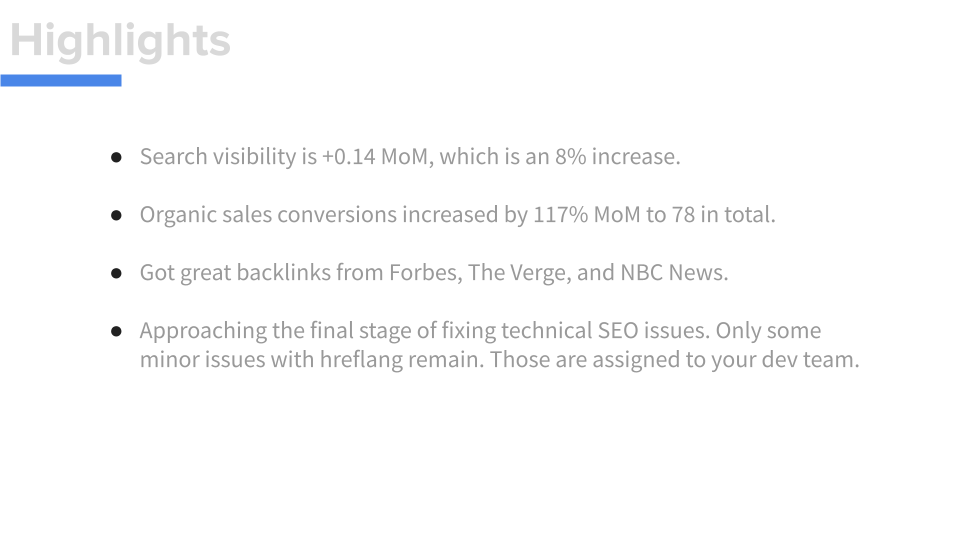 Slide showing key highlights for the month 