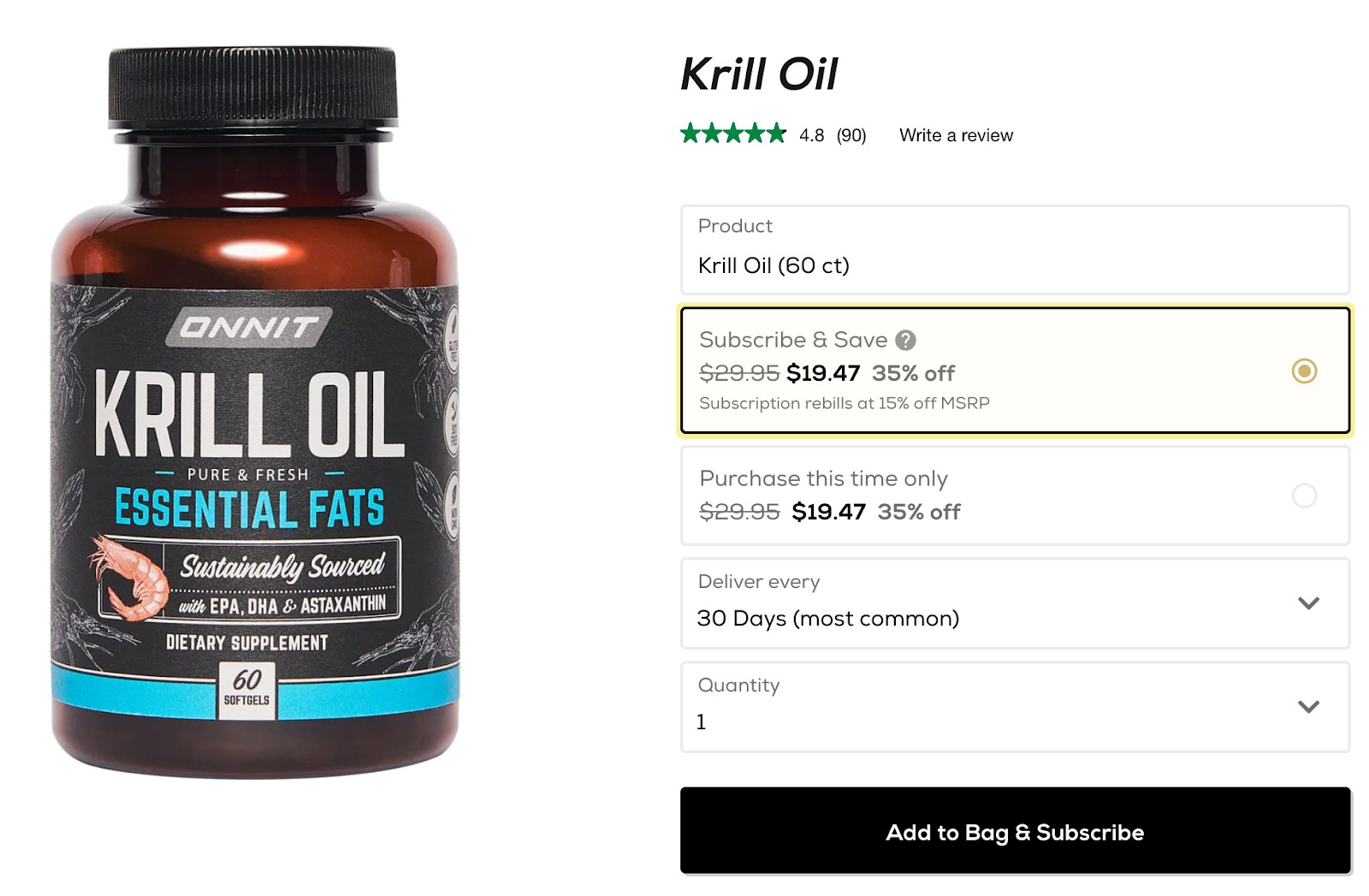 Onnit's Krill Oil purchase page, with dropdown option for repeated purchases  
