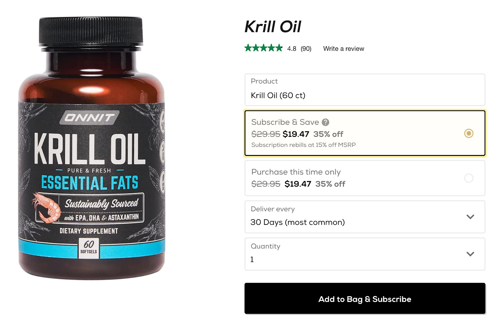 Onnit's Krill Oil purchase page, with dropdown option for repeated purchases 