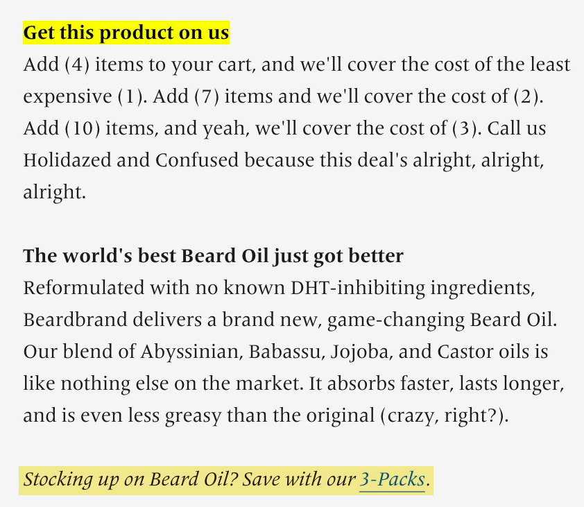 Beardbrand's copy encouraging customers to get their oils in bundles 