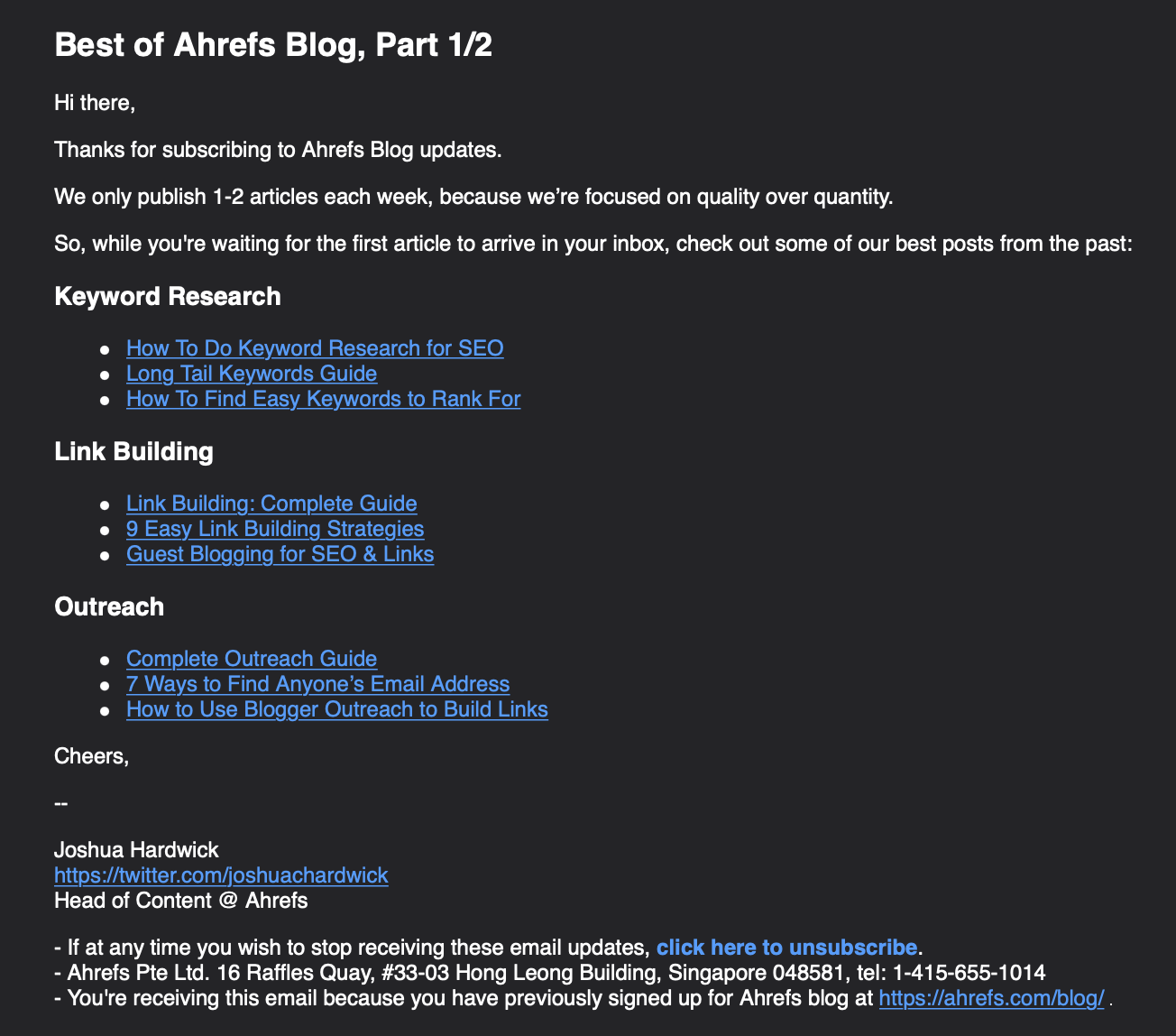 Email from Ahrefs sharing links to more content 
