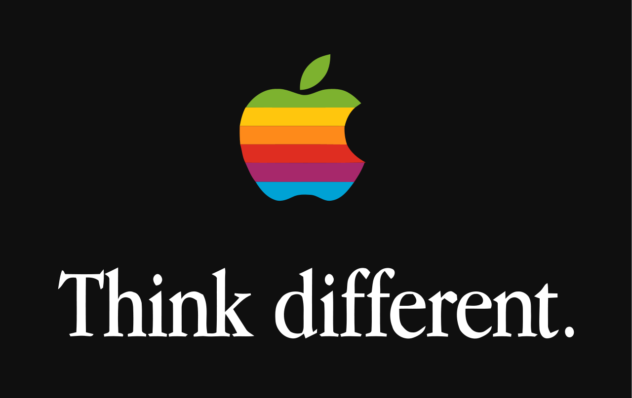 Colorful Apple logo with words, "think different" 